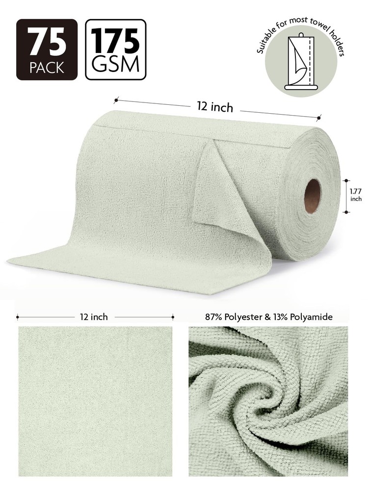 Fantasticlean Microfiber Cleaning Cloth Roll -75 pack, Tear Away Microfiber T...