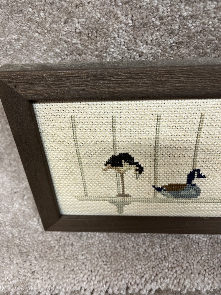 Small Framed Needlepoint Geese On A Shelf 13x6 1987