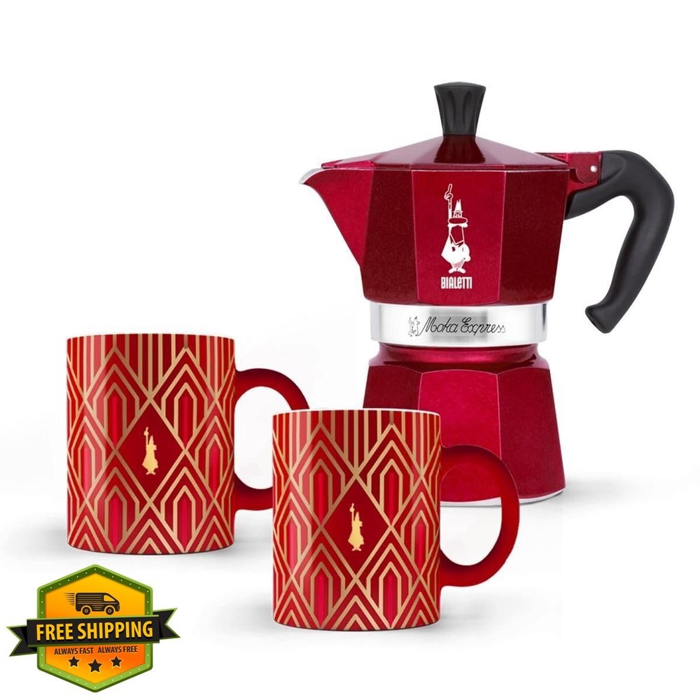Bialetti Moka Express 3 Cup Coffee Maker + 2 Mugs