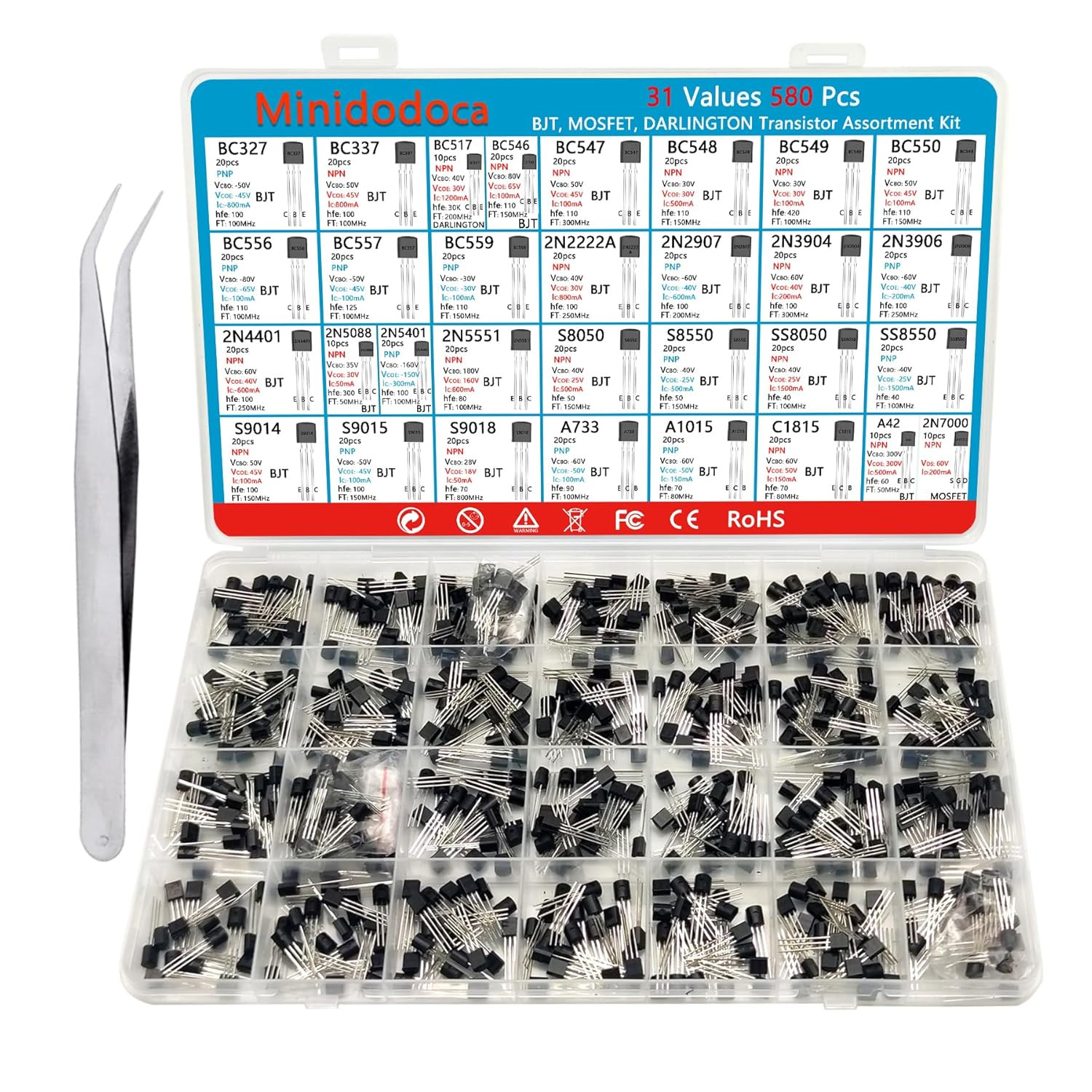 31 Kinds 580Pcs Assorted Type General Purpose TO92 Transistors PNP NPN Bipolar P