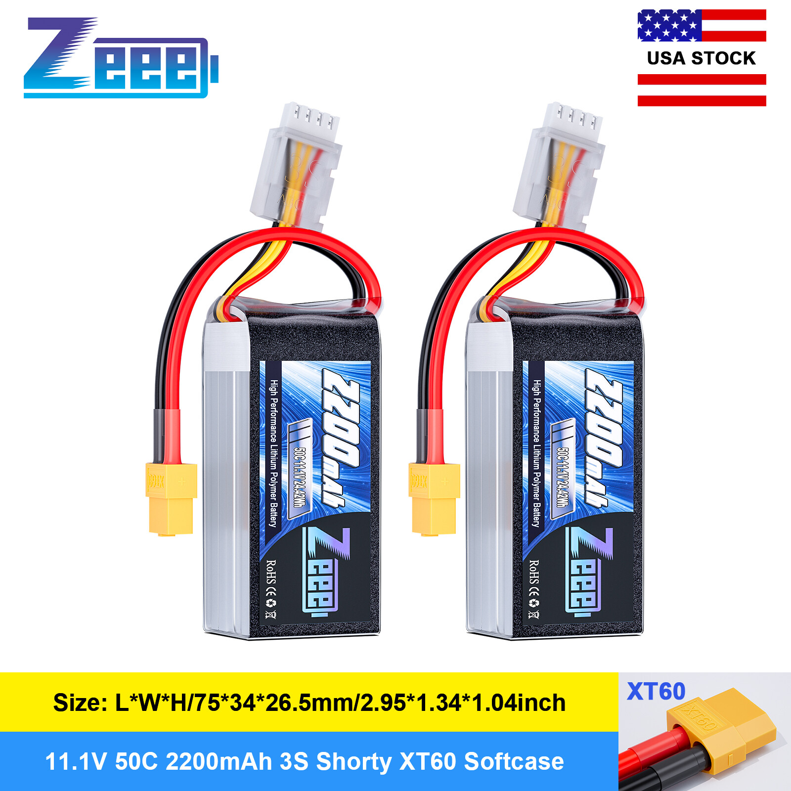 2x Zeee Shorty 3S Lipo Battery 11.1V 2200mAh 50C XT60 for RC Car Drone Quad Heli