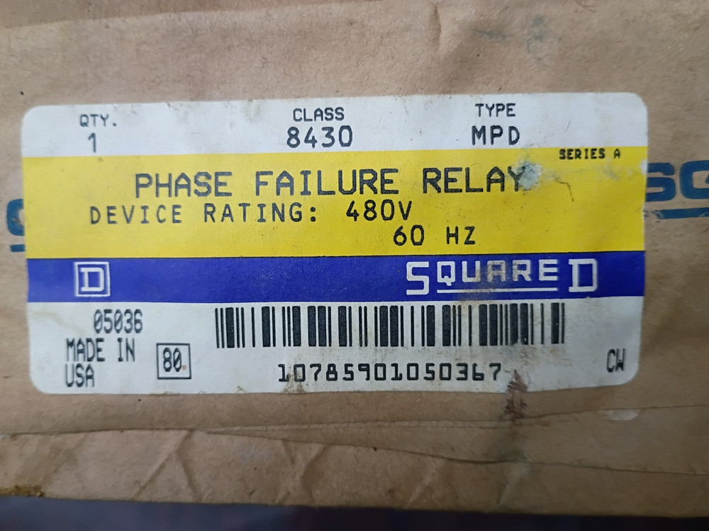 Class 8430 Phase Failure Relay Square D Type MPD 480V 60 Hz Control Prot