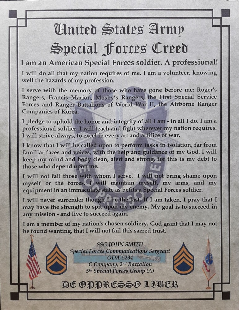 MC-NICE: Army Special Forces Creed PERSONALIZED *ALL GROUPS AVAILABLE*