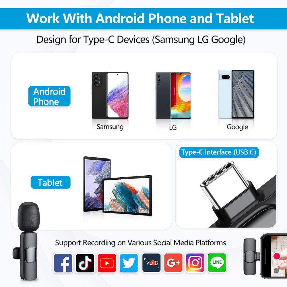 2 Pack Wireless Microphone USB C for iPhone 15-16 Android Phone Professional