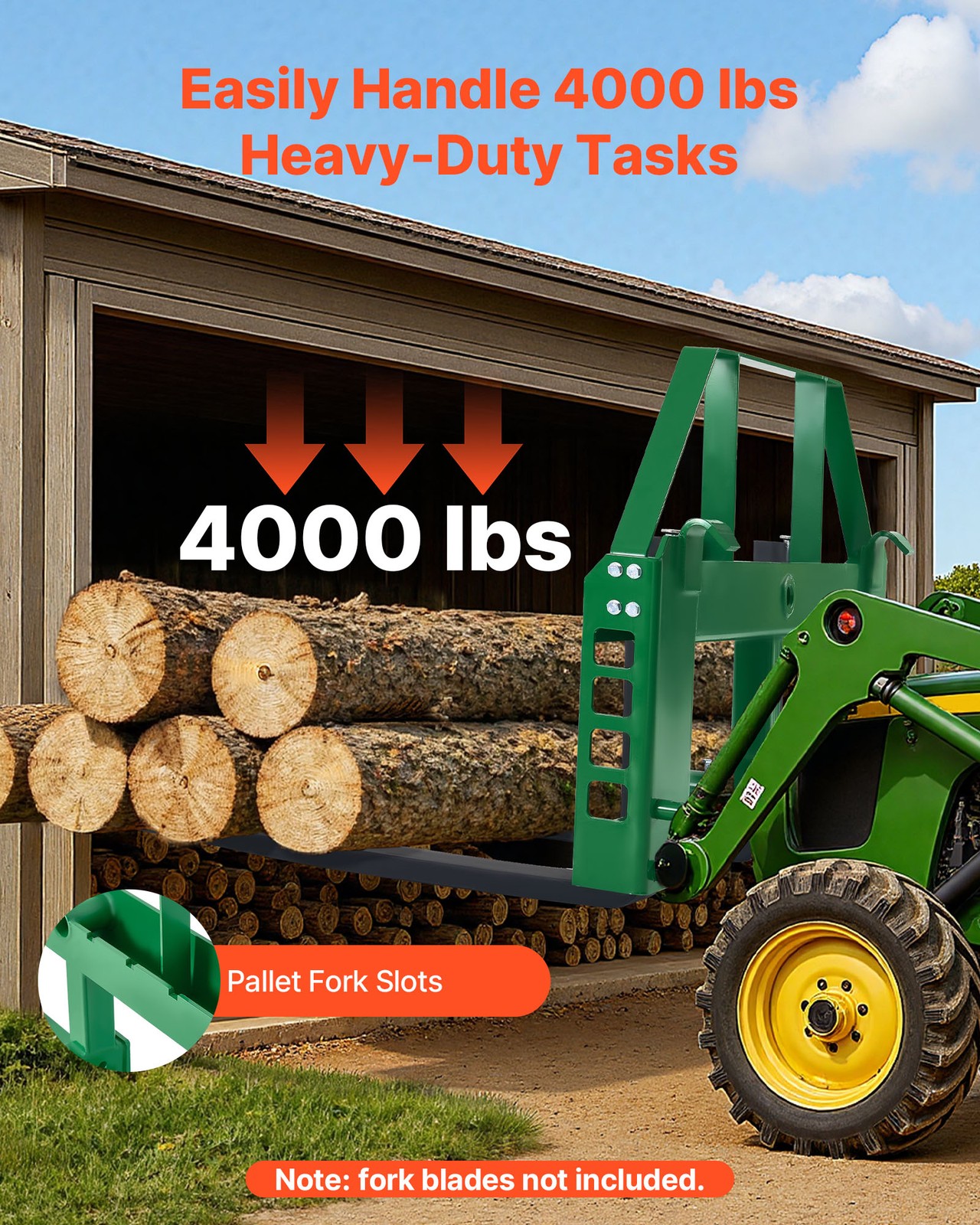 VEVOR Skid Steer Pallet Frame with Hitch Receiver & Spear Sleeves for JD Loaders