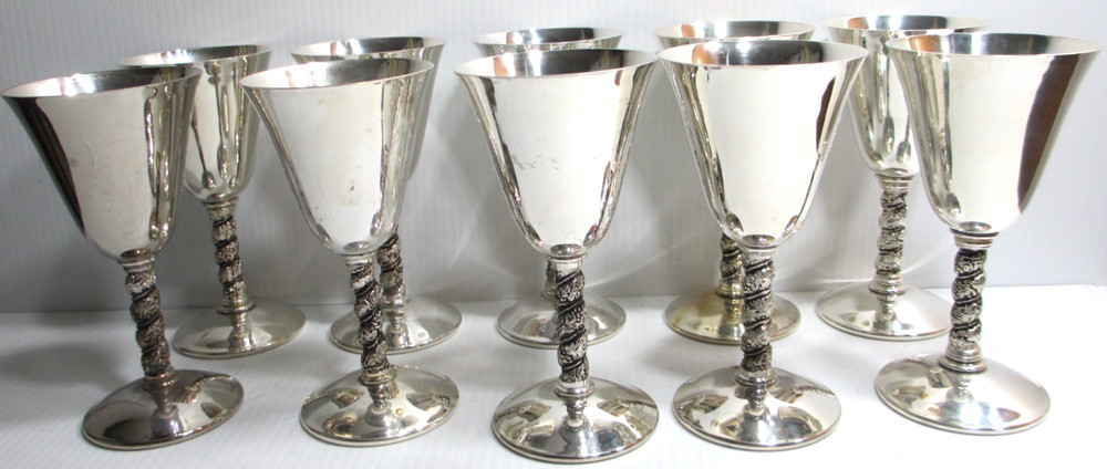 Vintage Silver-Plated Wine Goblet Stemware Spain Set 10 Twisted Grapevine Stem