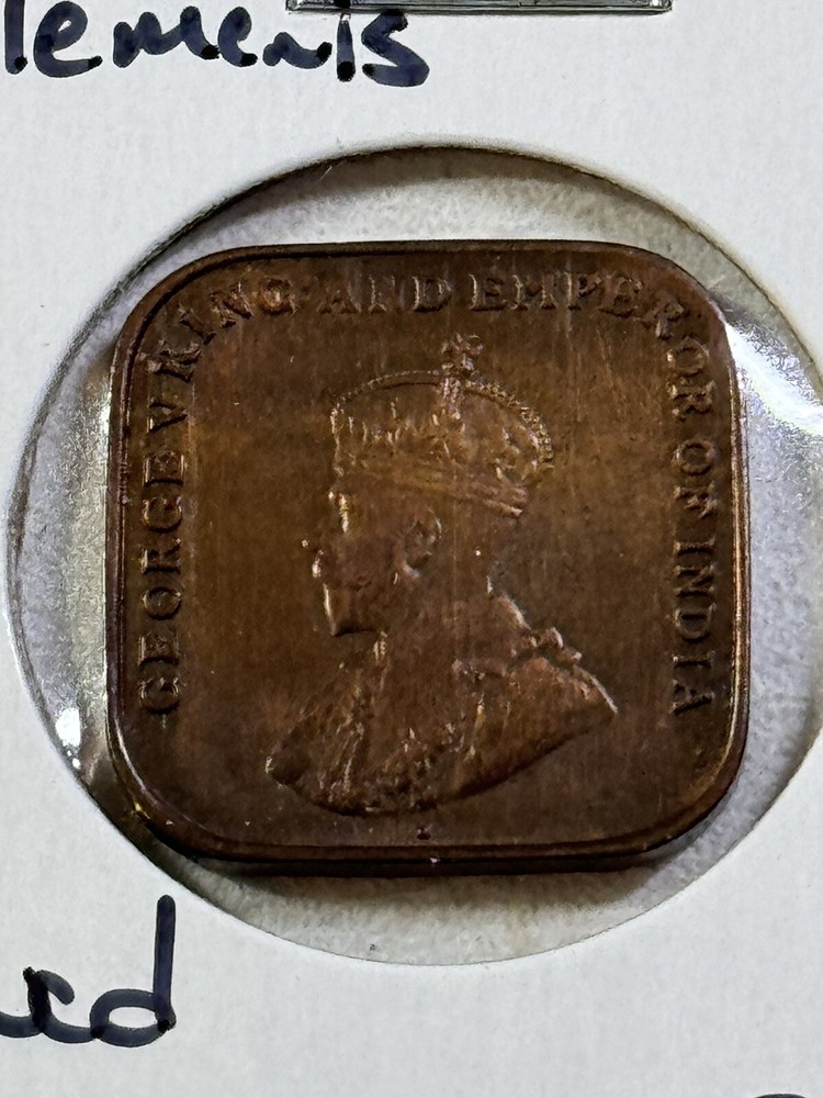 1920 Straits Settlement 1 Cent Square Coin Cleaned