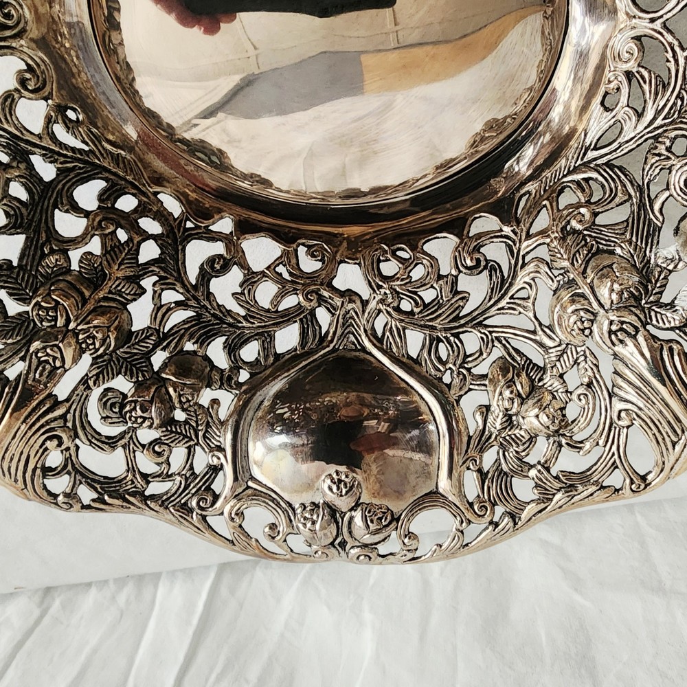 Silverplate Metal Centerpiece Bowl Intricate Pierced Openwork Design Roses