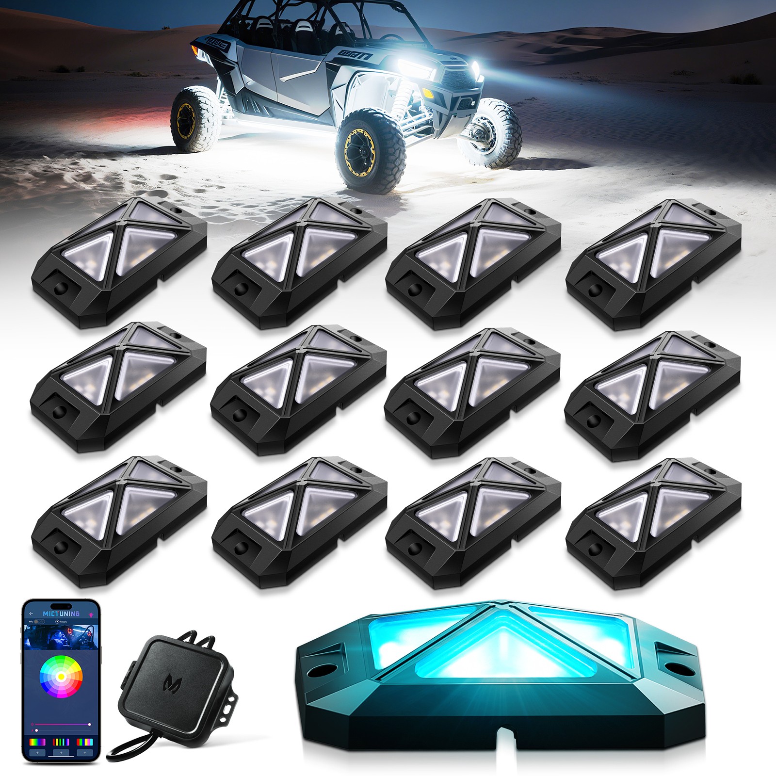 MICTUNING C4 RGBW LED Rock Lights - 12 Pods Full Anglw Underglow Underbody Lamp