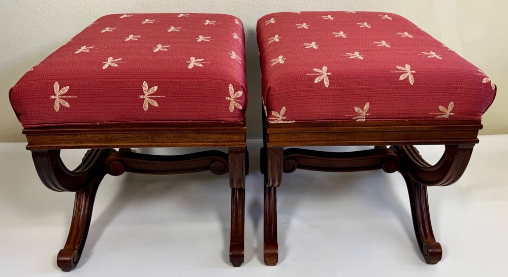 Empire Cross Stretcher Carved Walnut Ottoman / Stool