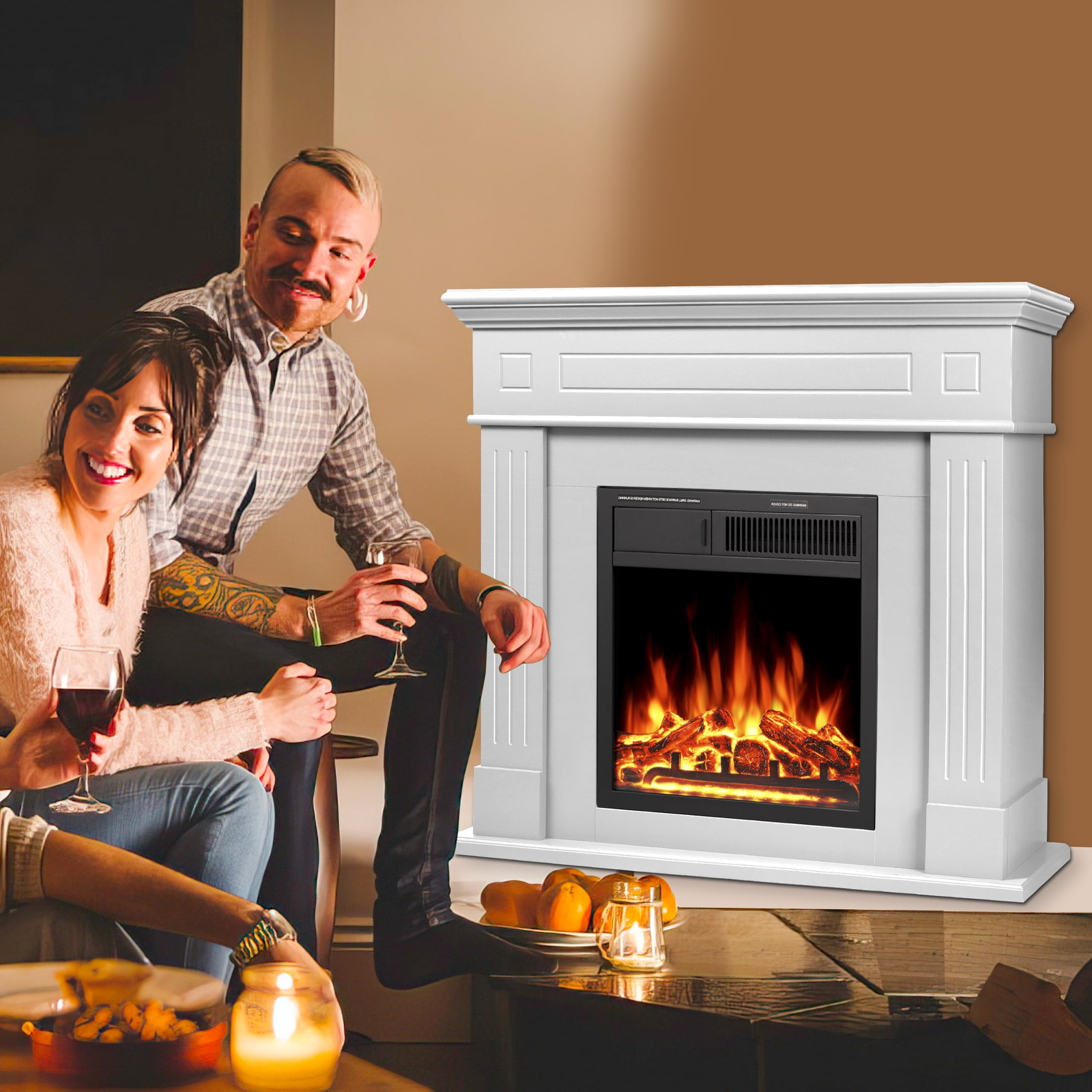 Electric Fireplace Mantel Package Wooden Surround , Adjustable Led Flame, Remote