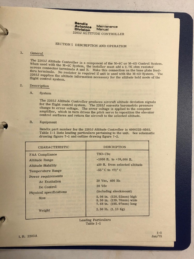 Bendix Altitude Controller 2203J Maintenance Manual -1975-Original