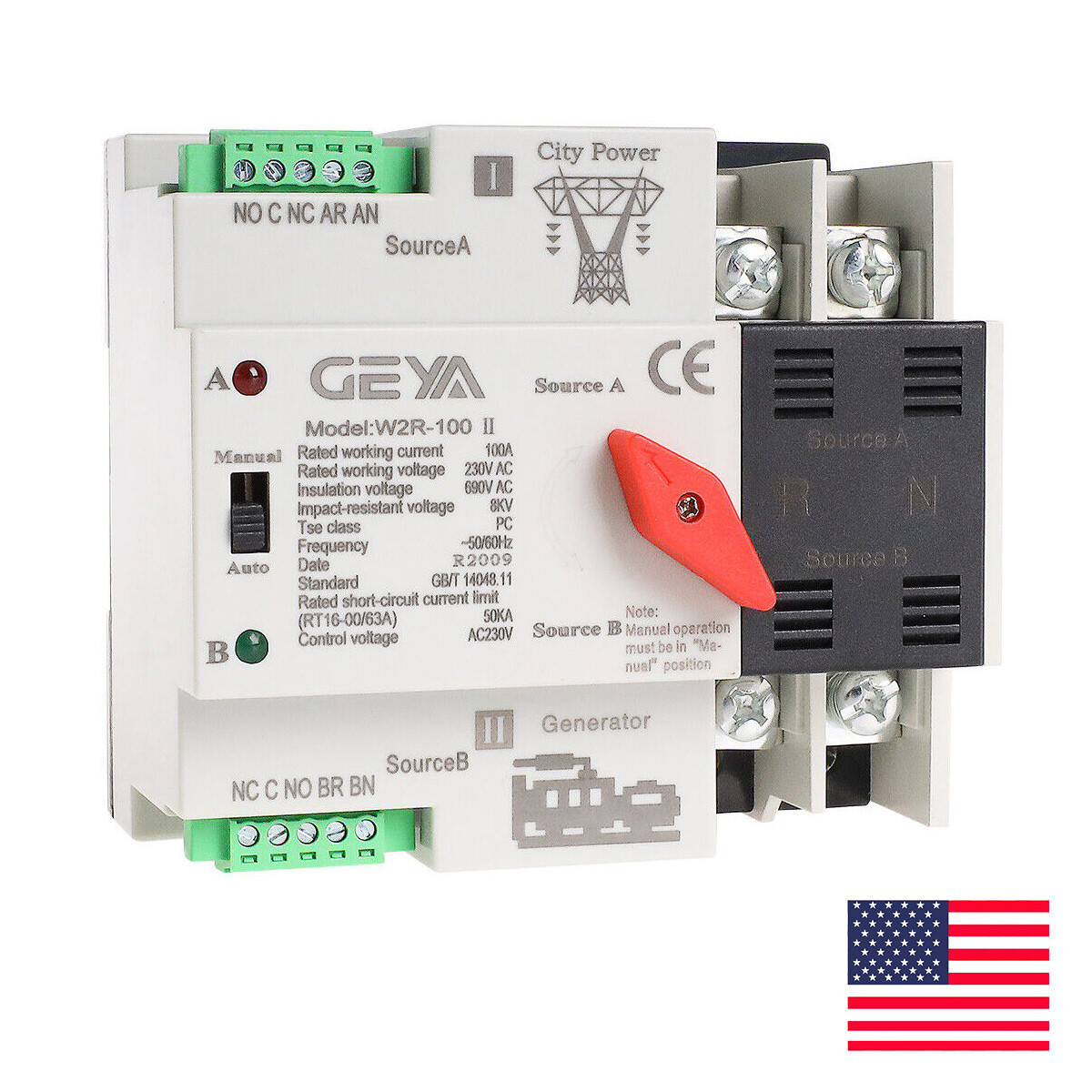 GEYA ATS PC Dual Power Automatic Power 2Pole 100A 220V Transfer Switch Grid NEW