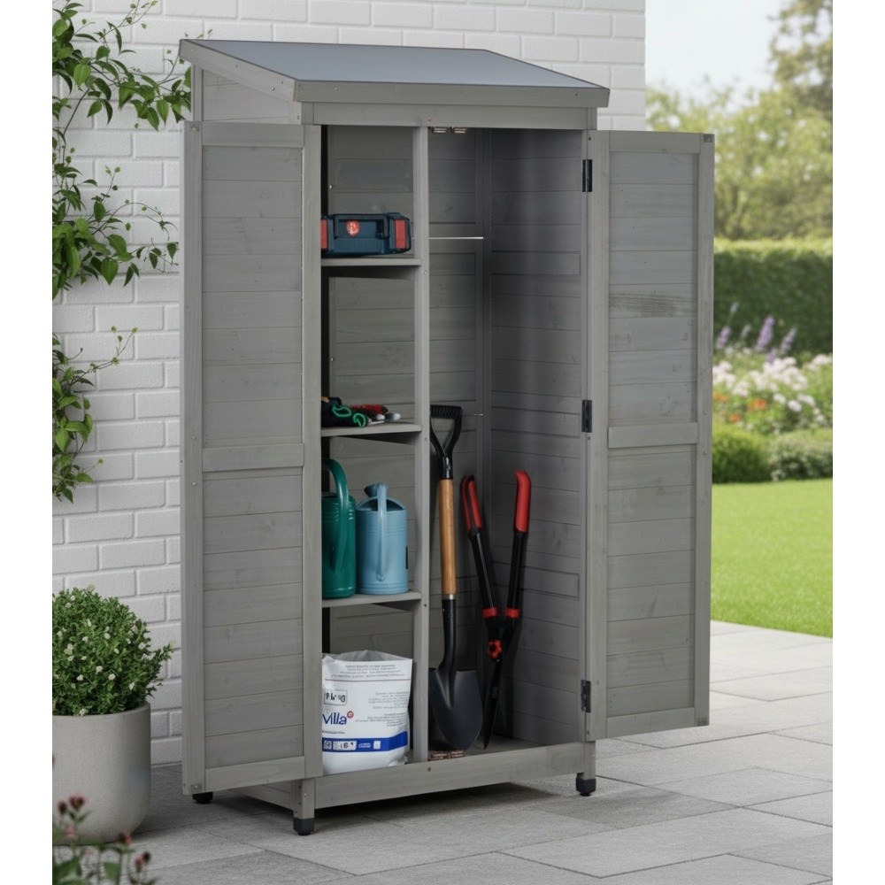 Outdoor Wooden Storage Shed W Metal Top Tall Vertical Tool Cabinet