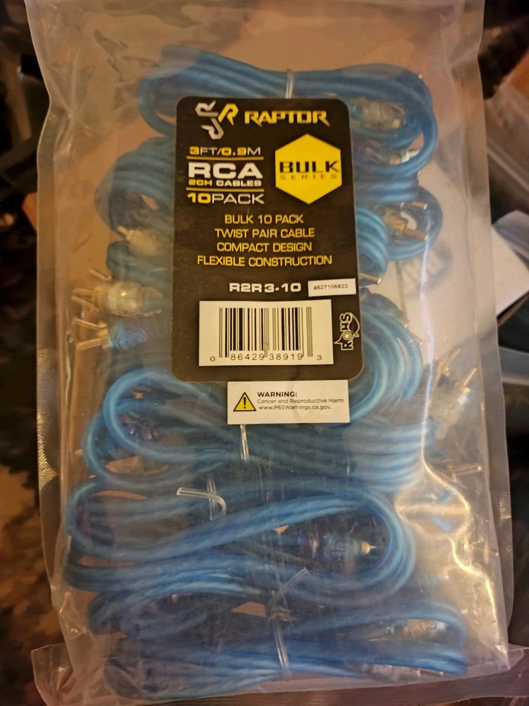 Raptor Bulk Series 3ft 2 Channel Rca Cable-10 Pack