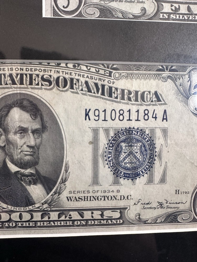 1934 Set $5 BLUE SEAL SILVER CERTIFICATE With Frame !