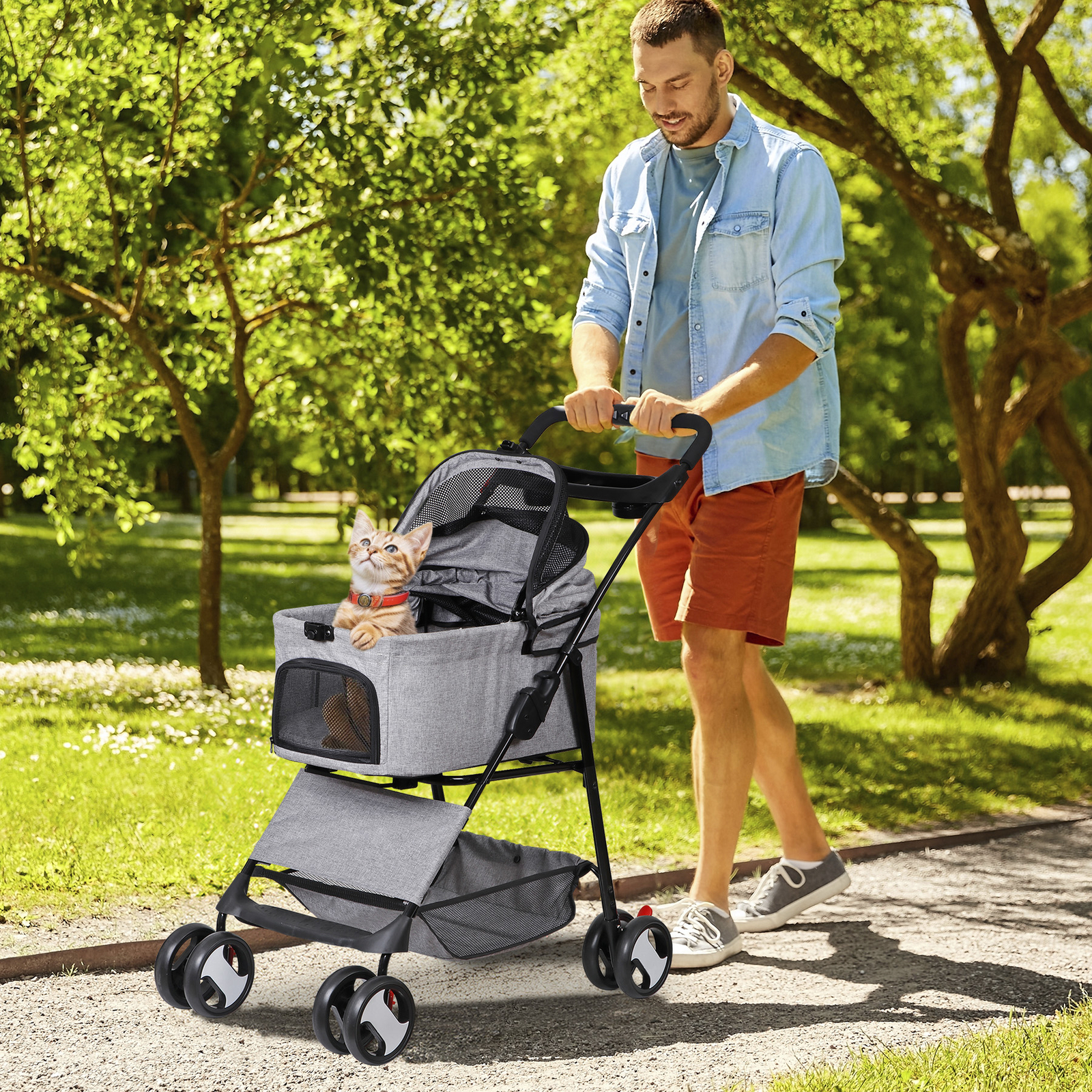 Pet Stroller Foldable Dog Cat Jogger Stroller w/4 Wheel & Detachable Basket Gray