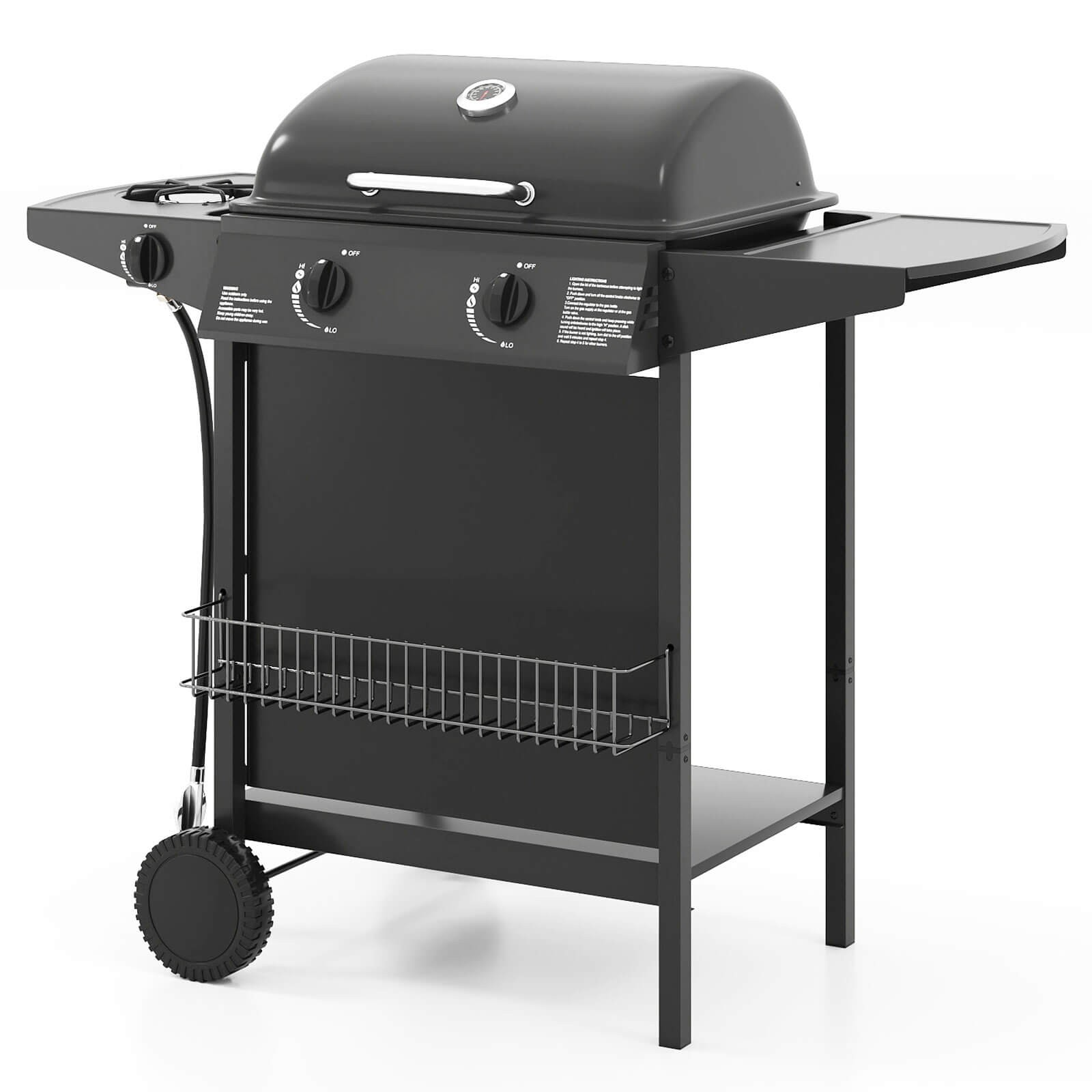 30,000 BTU Outdoor Cooking Grill w/Storage Shelves & Porcelain-Enameled Grates