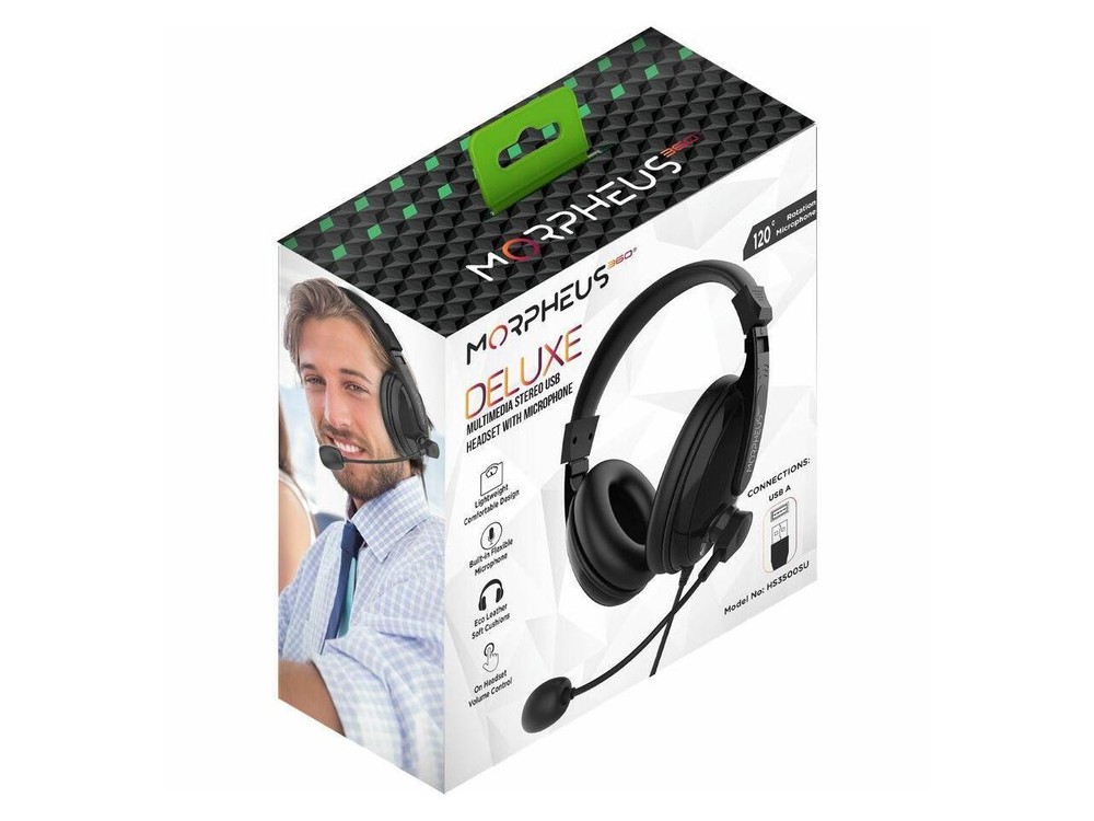 Morpheus 360 Deluxe Multimedia Stereo USB Headset - Adjustable Microphone - Ligh
