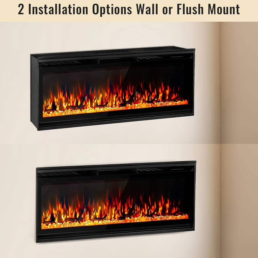 60" Wall Mounted Electric Fireplace with Remote, Multicolor Flames & Timer