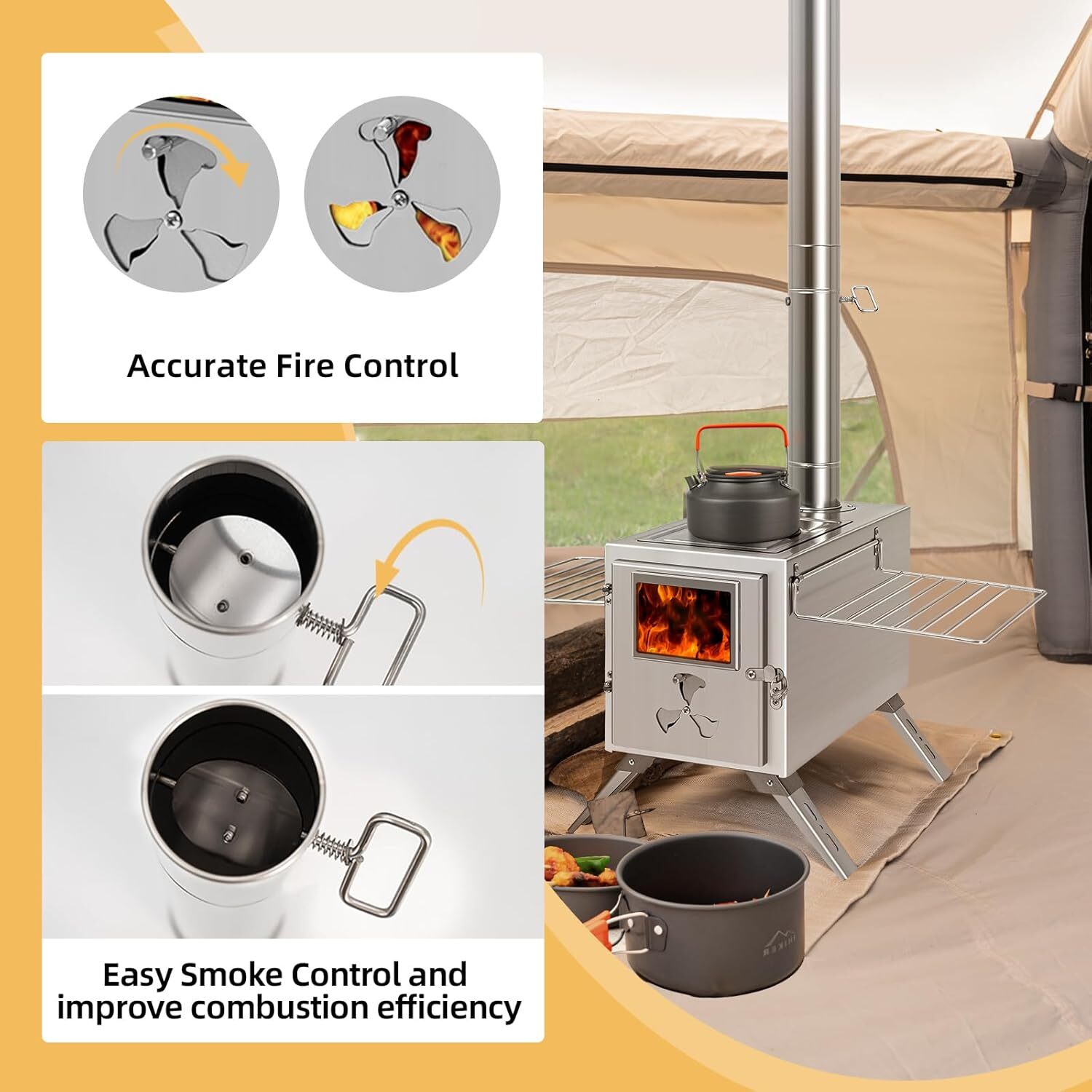NAIZEA Folding Hot Tent Stove with 7 Section Chimney Pipes for HikingBackpacking