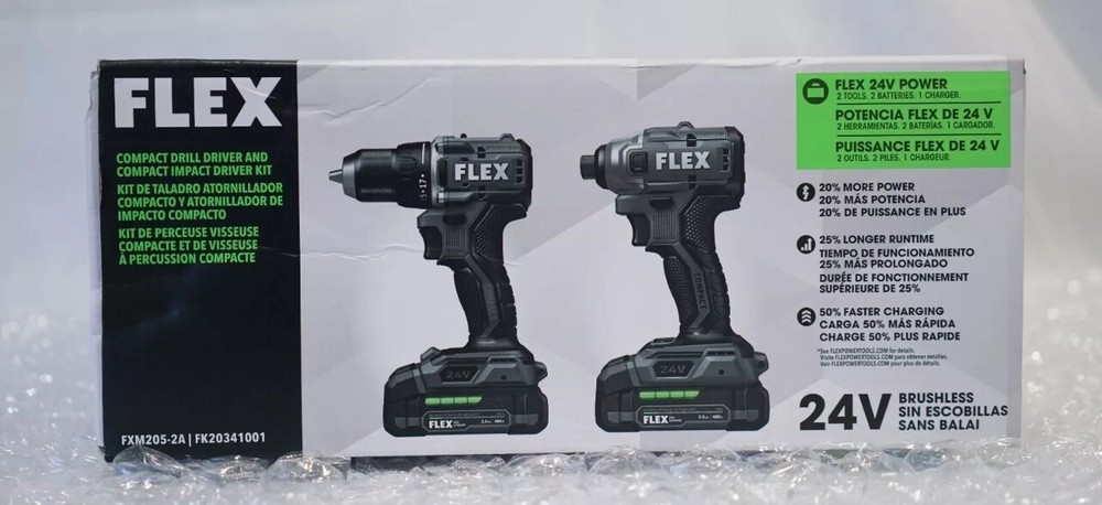 Flex FXM205-2A 24V Compact Drill Driver and Compact Impact Driver 4-Combo Kit