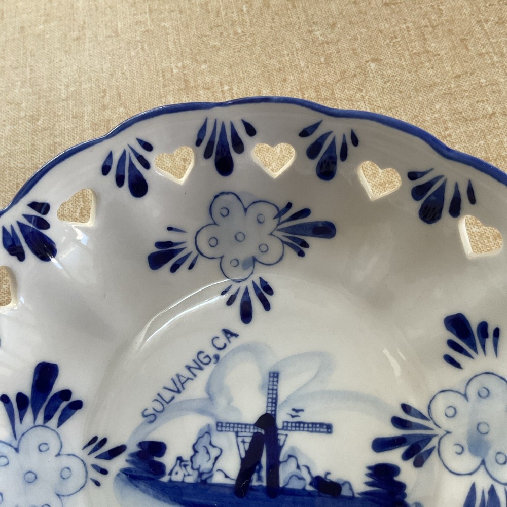 Delft Blue Round Trinket Dish With Cutout Hearts Solving, Calif