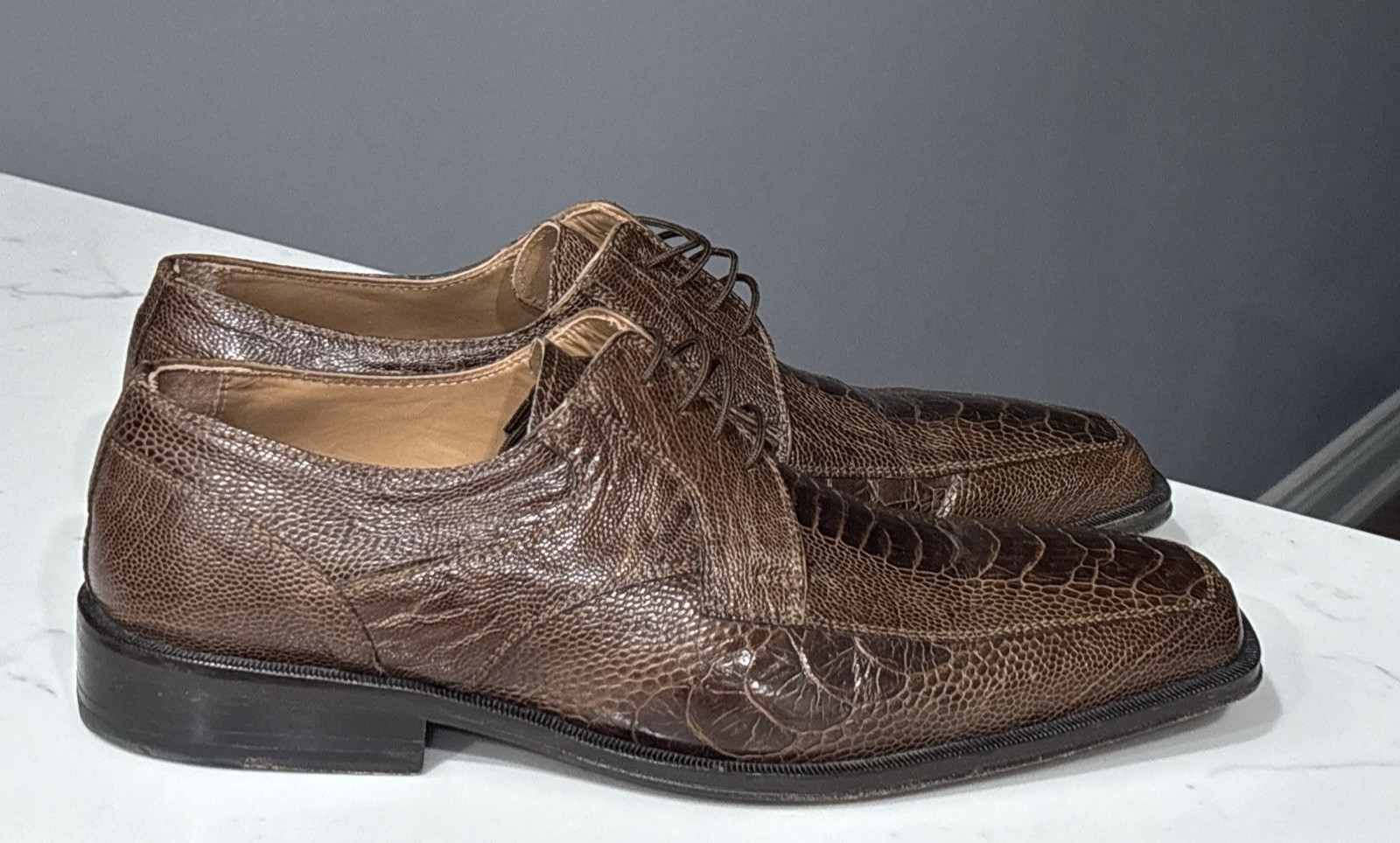 David Eden Ostrich Leg Shoes Mens 10.5 Brown Leather Hand Made