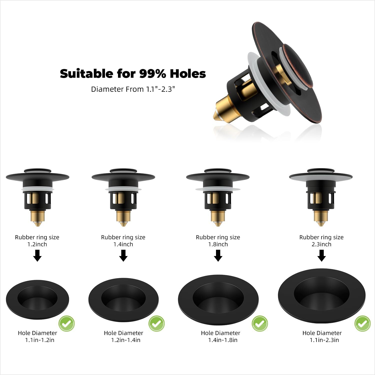 2 Pack All Metal Universal Bathroom Sink Stopper, Pop Up Sink Drain Strainer