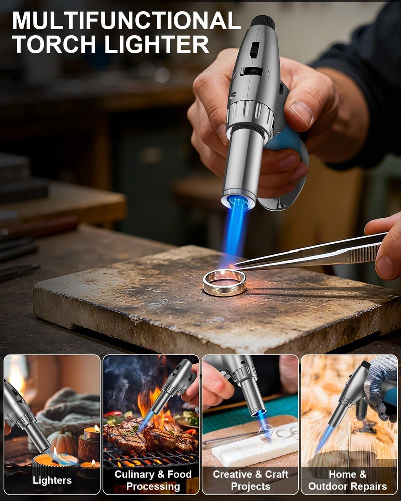 Lamsen Dual Flame Butane Torch Lighter, Refillable Mini Grey & Blue
