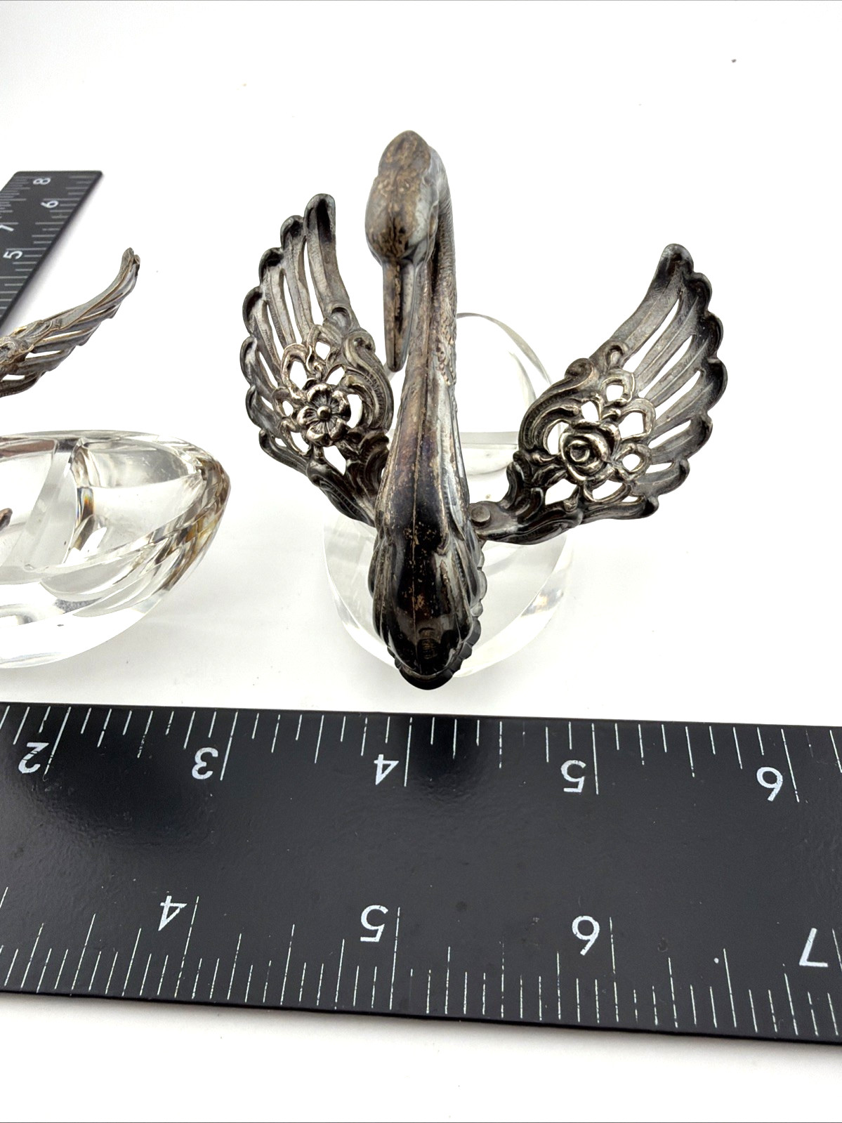 Pair Vintage Sterling Silver and Glass Table Salt Swans R Sterling West Germany