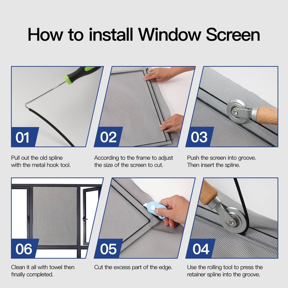 Window Screen Door Repair Kit 48"x114" Mesh Rollers Splines Hook Tool