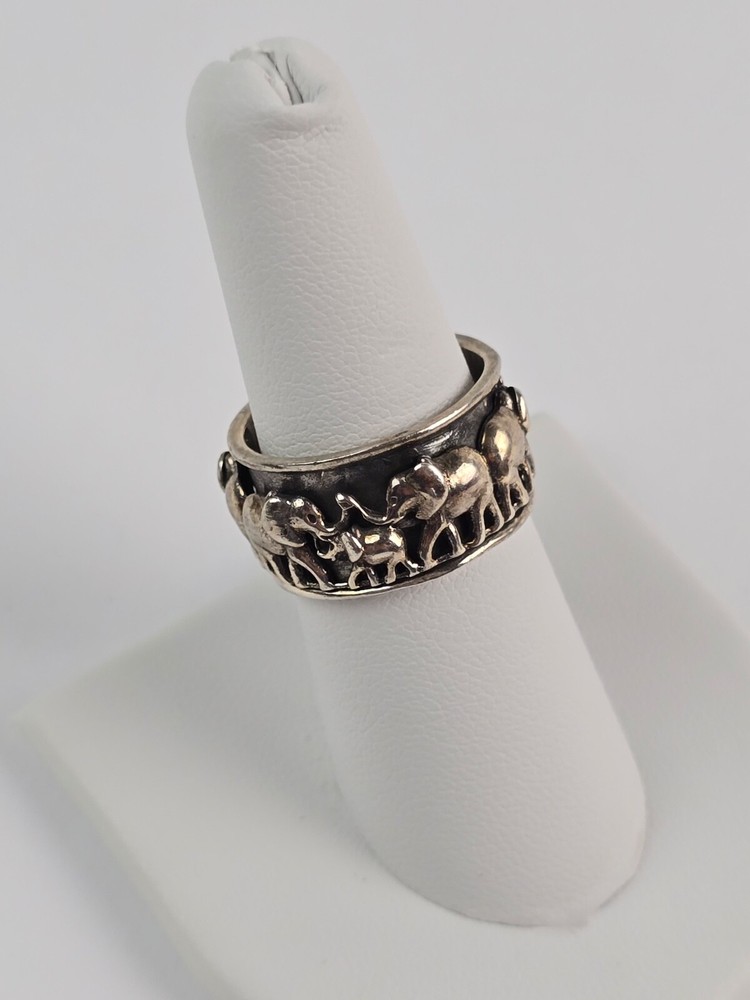 Solid Sterling Silver Elephant Family Spinner Ring 11mm Band size 7 unsigned