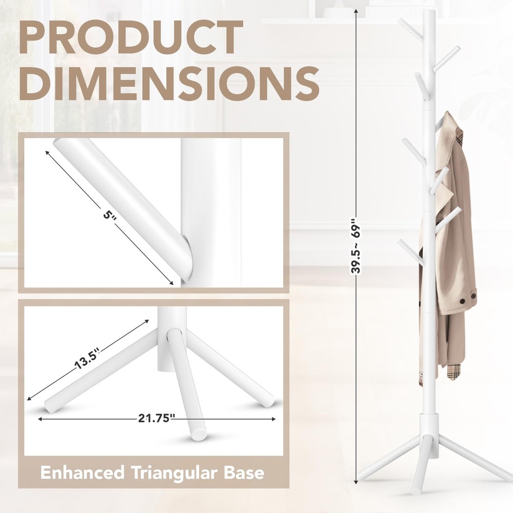 Wooden Tree Coat Rack Stand Freestanding 8 Hooks Adjustable Height