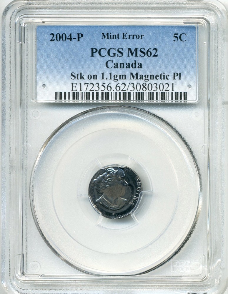 2004P Canada 5 Cents, MINT ERROR, Struck on 1.1g Magnetic Plan - PCGS MS62