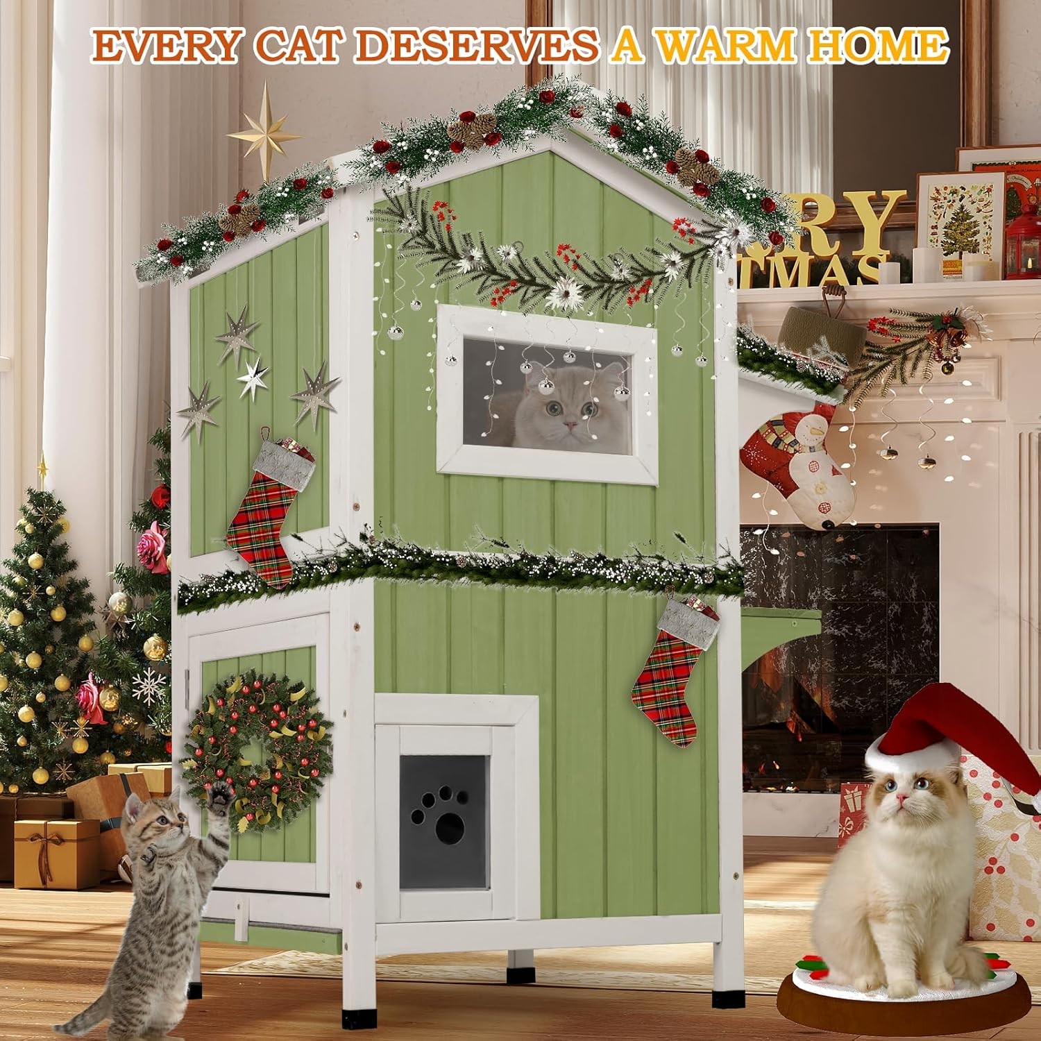 PetsCosset Insulated Cat House Outdoor Shelter Two Story Wooden with Roof,Green