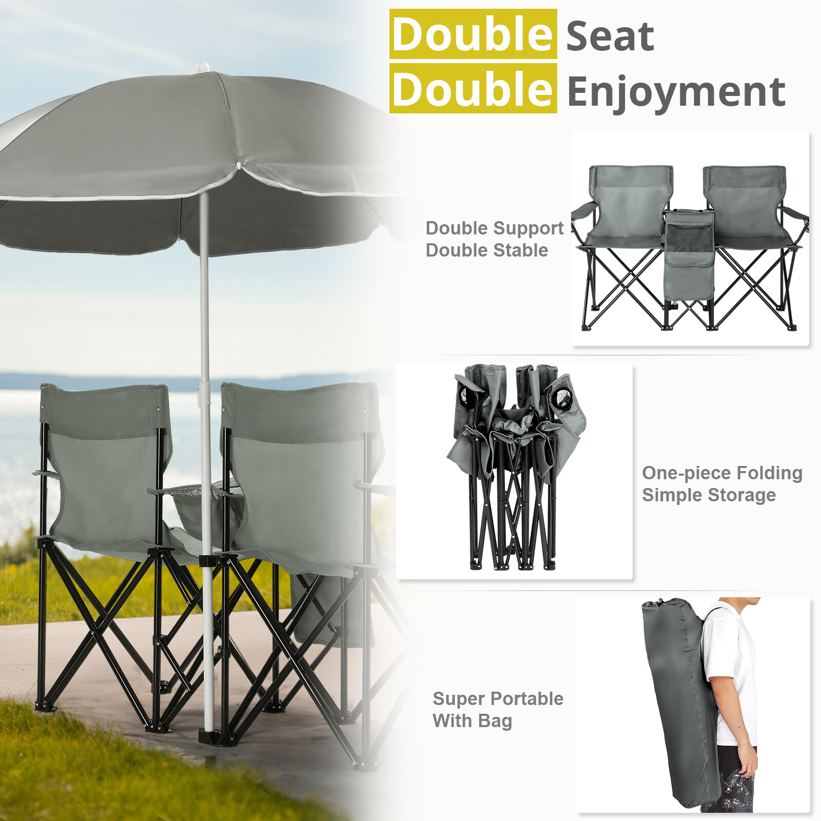 Double Folding Chair Picnic Cooler Camping Beach with Removable Sun Umbrella