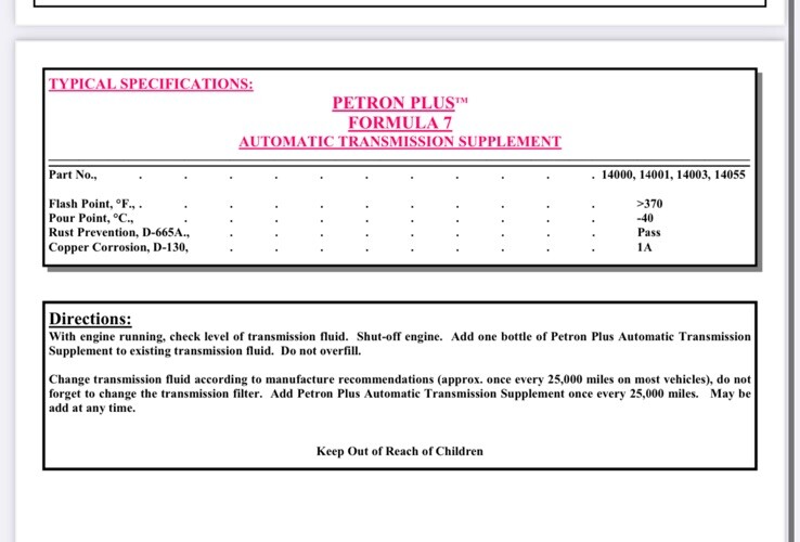 PETRON PLUS FORMULA 7 AUTOMATIC TRANSMISSION SUPPLEMENT 14000 FRICTION REDUCER
