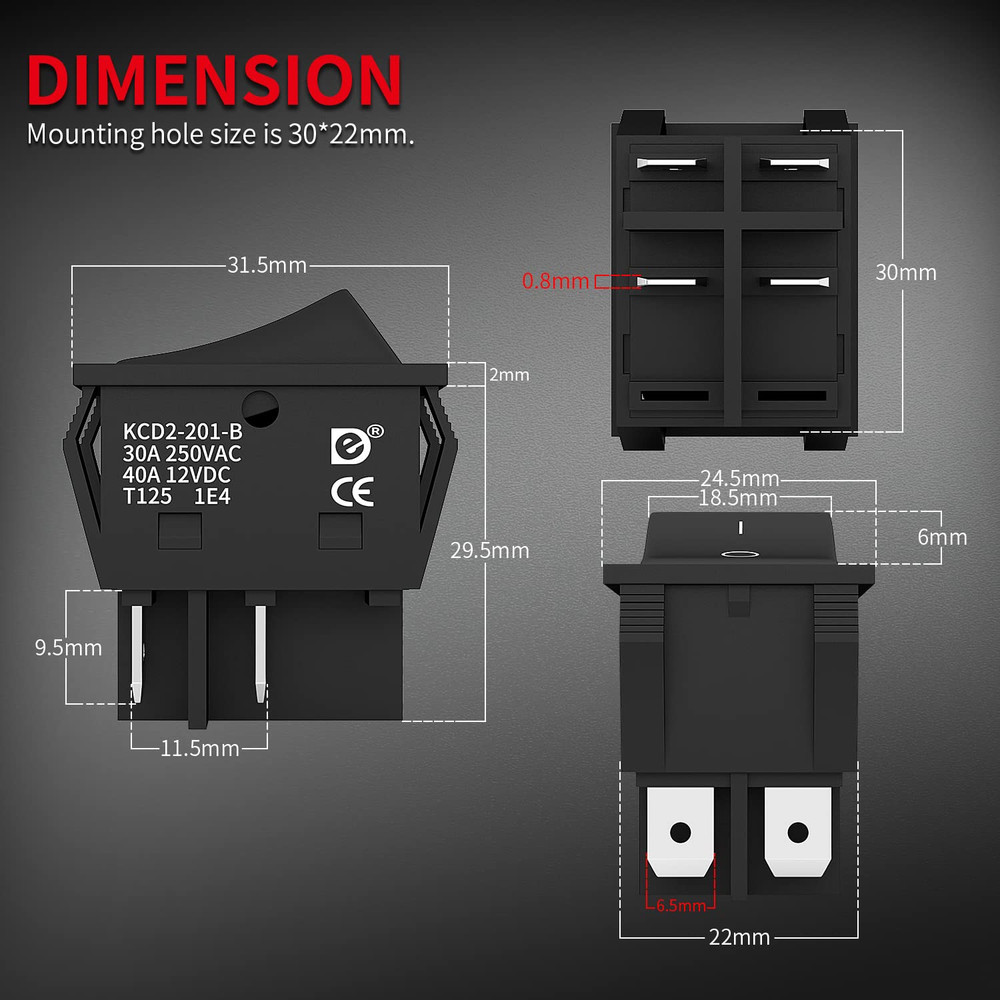 DPST KCD4 Rocker Switch 40A 12V DC 4 Pin 2 Position Switch on off Toggle Switch