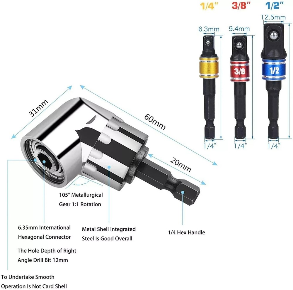 7Pc 105° Right Angle Drill Driver Set Socket Bit Extension Bar Hex Shank Adapter