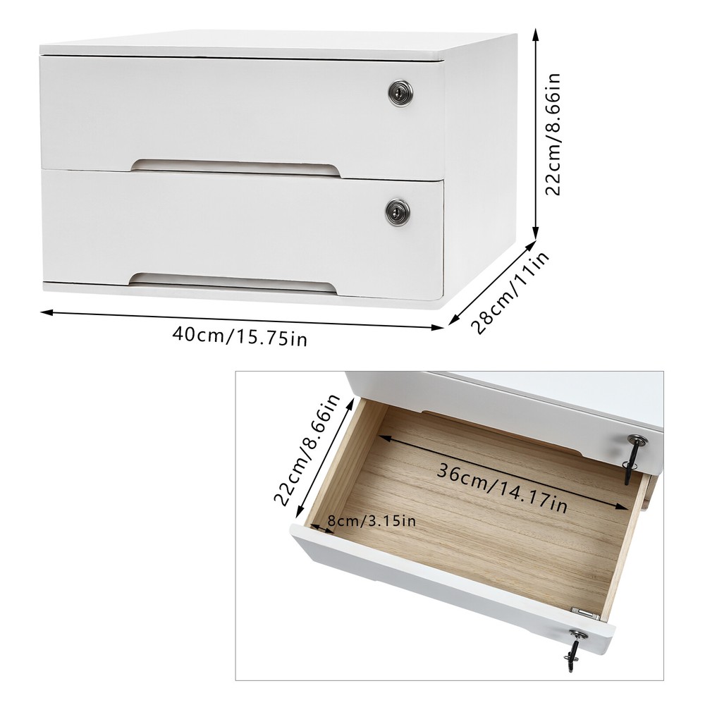 Compact Lockable 2-Drawer Wood Desktop Storage Cabinet with Keys