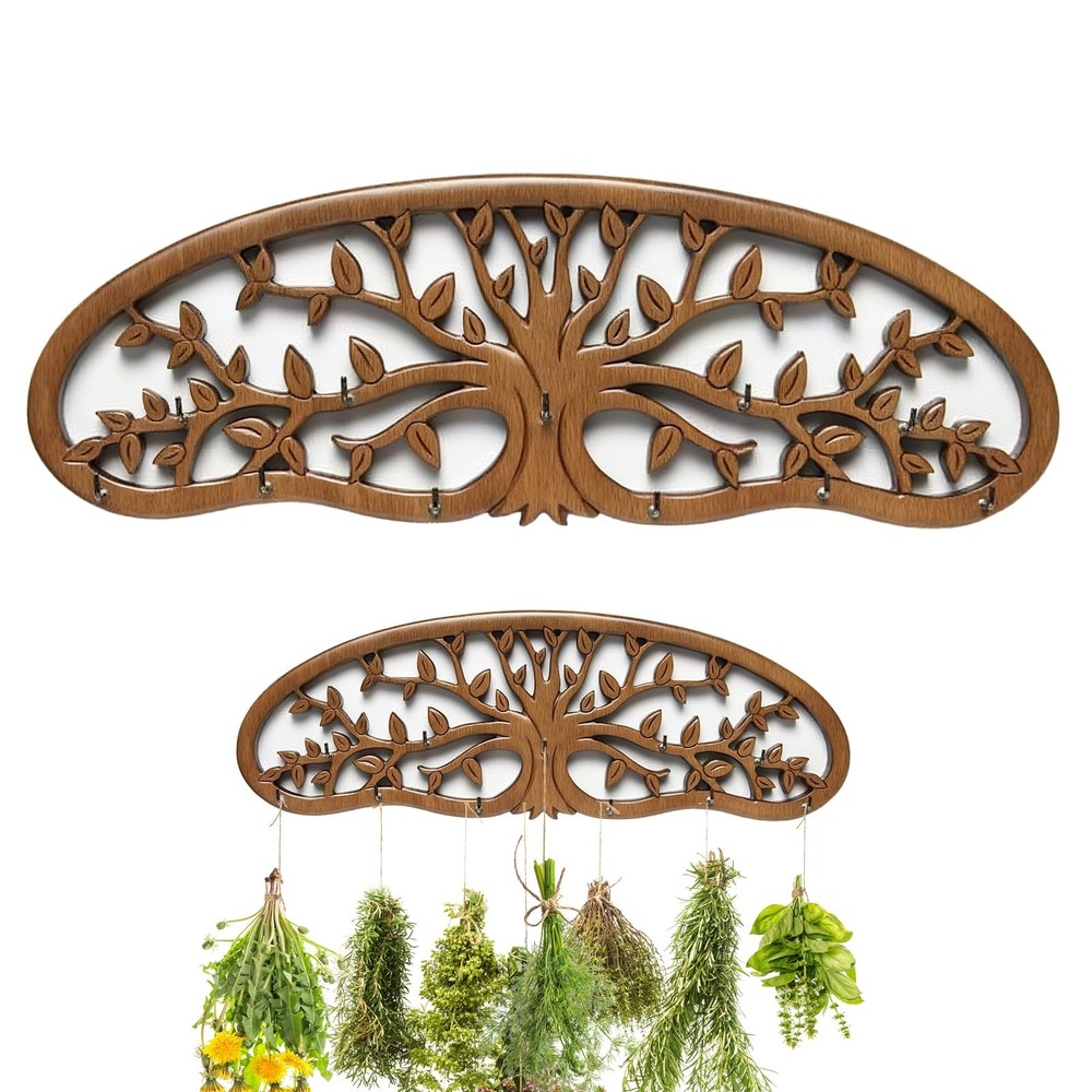Rustic Pine Wood Herb Drying Rack Hanging with Floral Patterns Artistic Tree ...