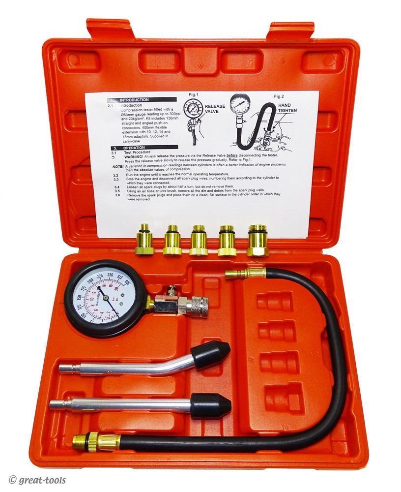 COMPRESSION TESTER TOOL – 5 threaded spark plug adapters – automotive tools