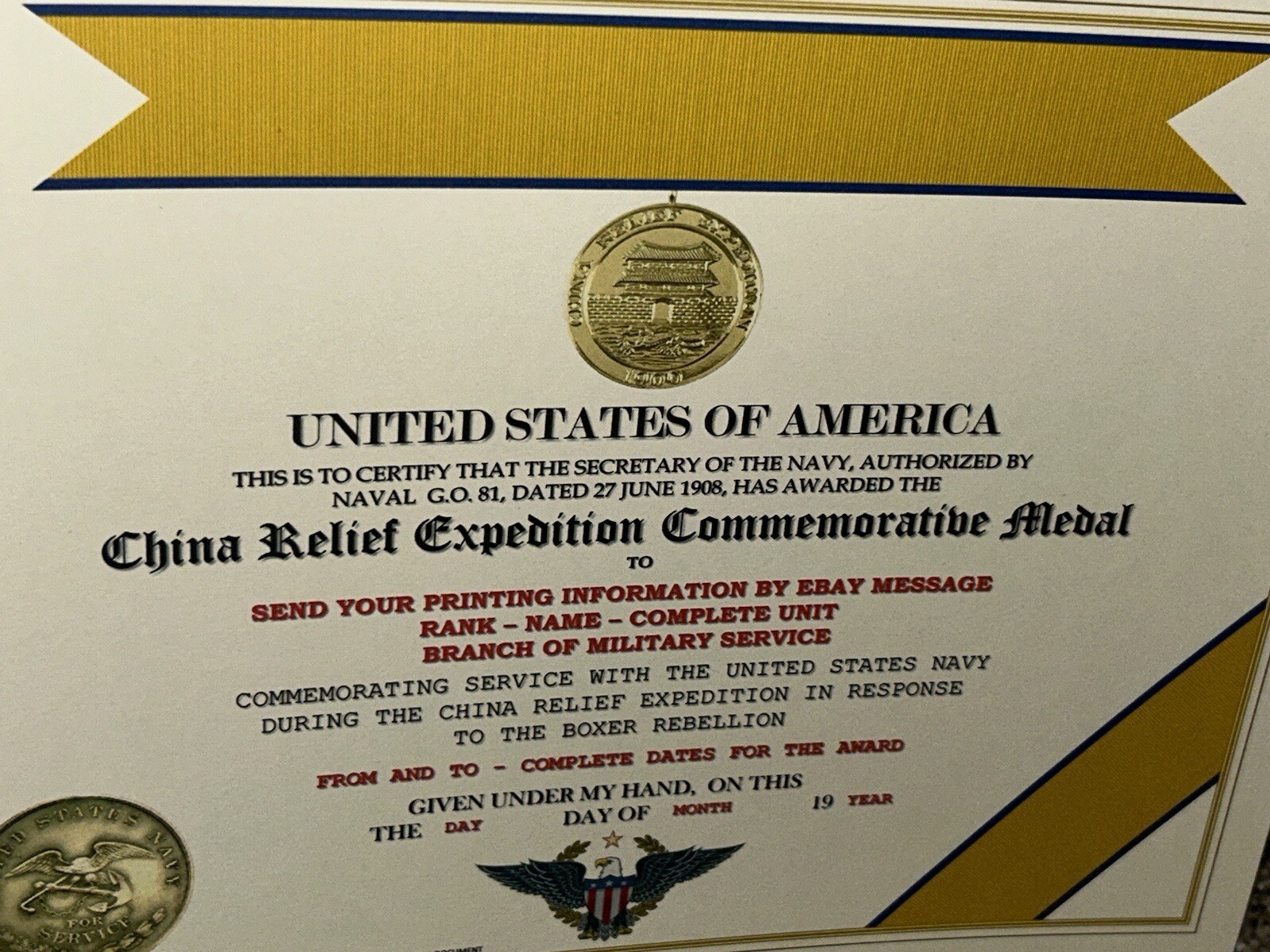 CHINA RELIEF EXPEDITION COMMEMORATIVE MEDAL CERTIFICATE ~ W/PRINTING TYPE-1