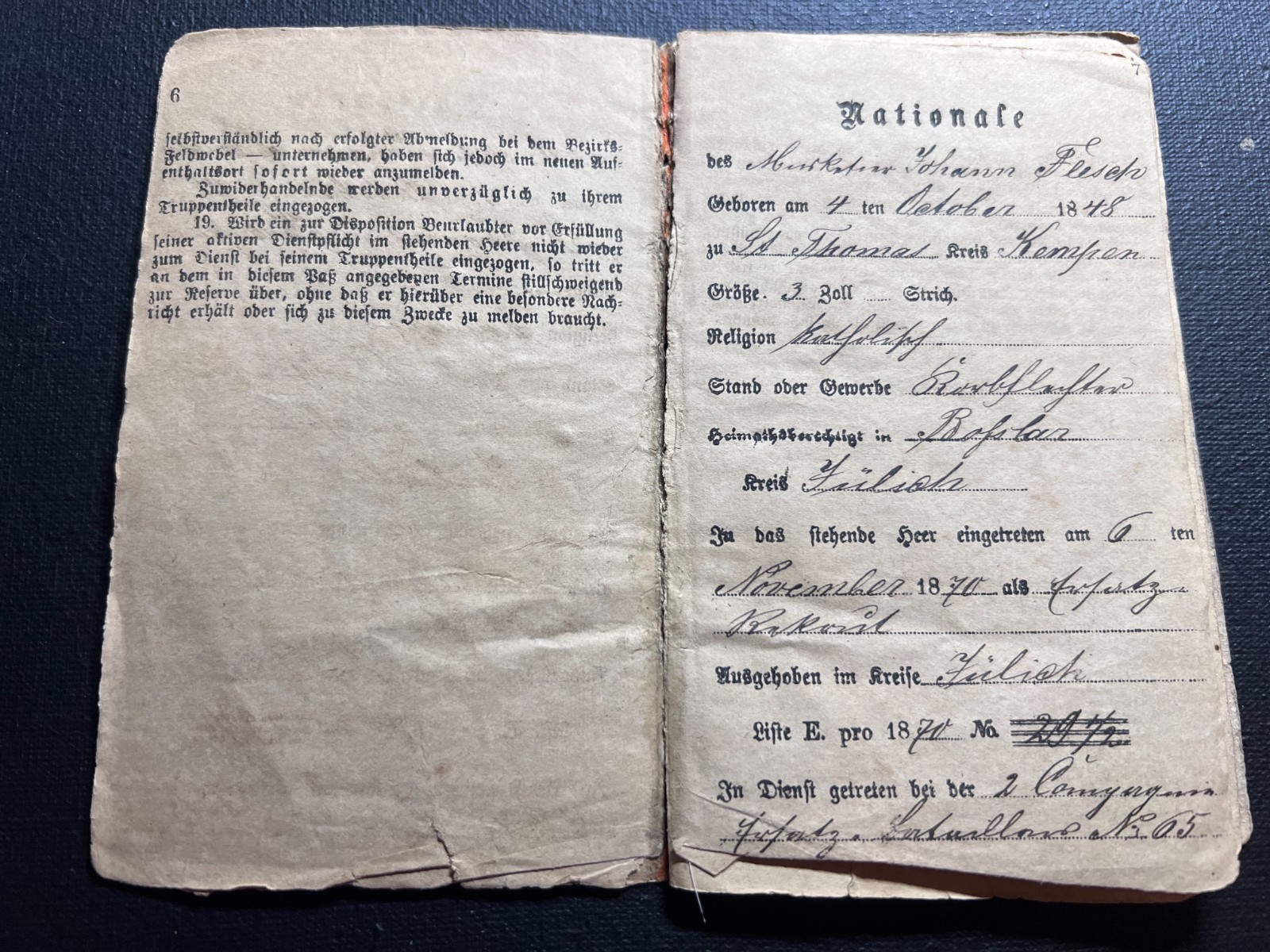 Franco-Prussian War 1870/1871 German Military ID Musketeer Johan Fleisch RARE!