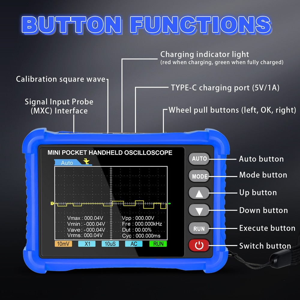 HoldPeak Handheld Digital Oscilloscope 2.5MS/s 250KHz 2.8" USB Type-C Portable