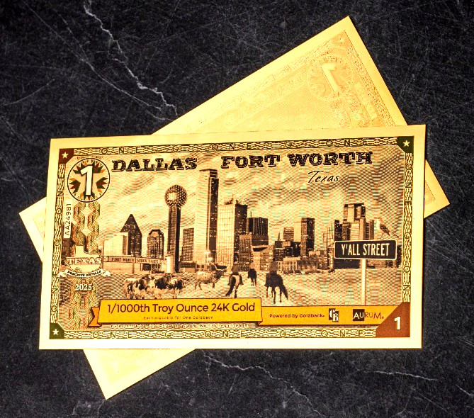 1 DALLAS FORT WORTH TEXAS GOLDBACK AURUM 24K GOLD NOTE 1/1000 OZ .999 GOLD BU