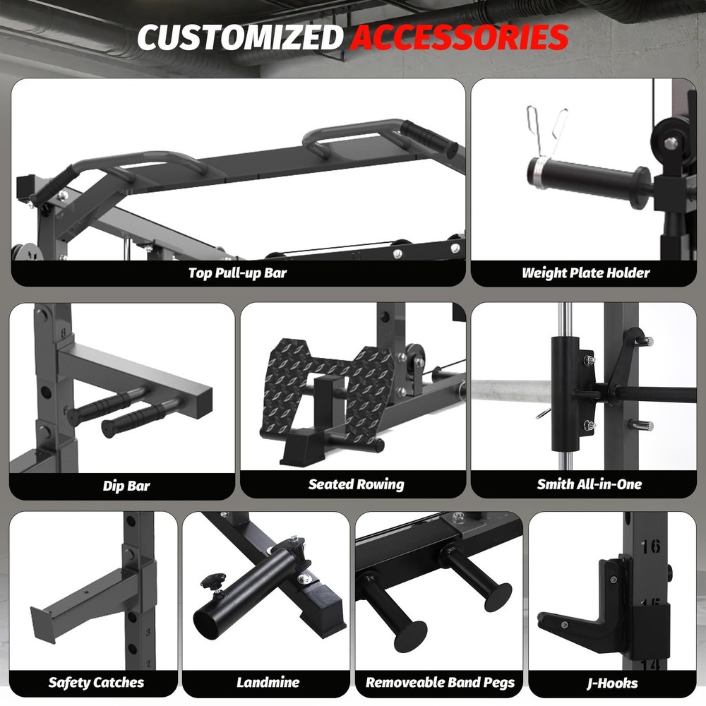 Smith Machine Power Cage Multifunctional Squat Rack Power Rack w/Pulley System