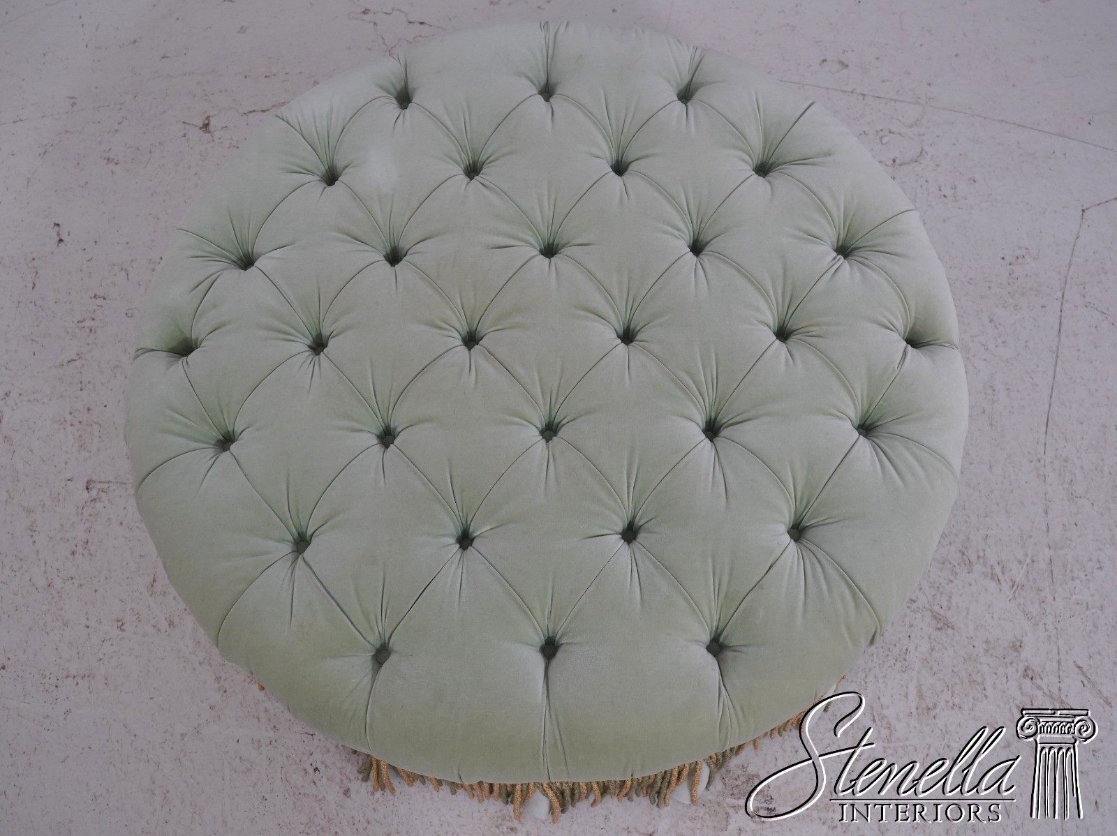 71656: BAKER Round Green Velvet Style Upholstered Ottoman