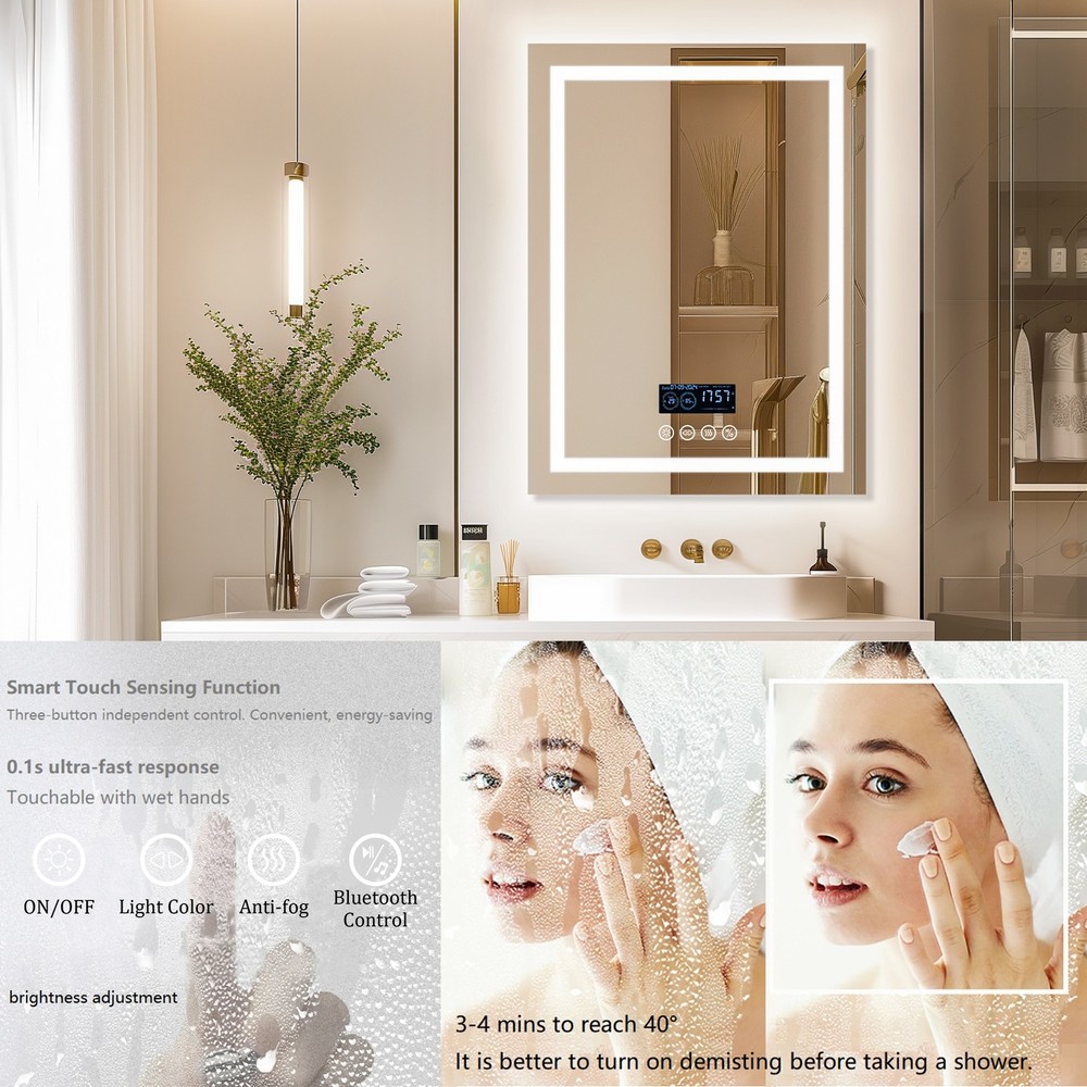 WISFOR Smart LED Lighted Bathroom Mirror with Bluetooth Speaker, Digital Display